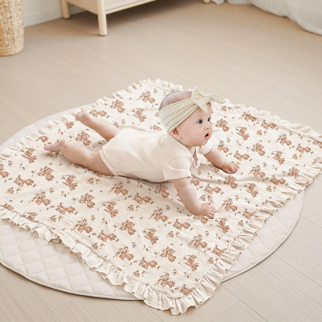 Konssy 100% Cotton Muslin Baby Blanket with Ruffle Trim for Girls, 43"x39" Reversible Design, Ultra Soft & Lightweight, for Swaddling, Crib, Stroller & Nursery Use, from Newborn to Toddler