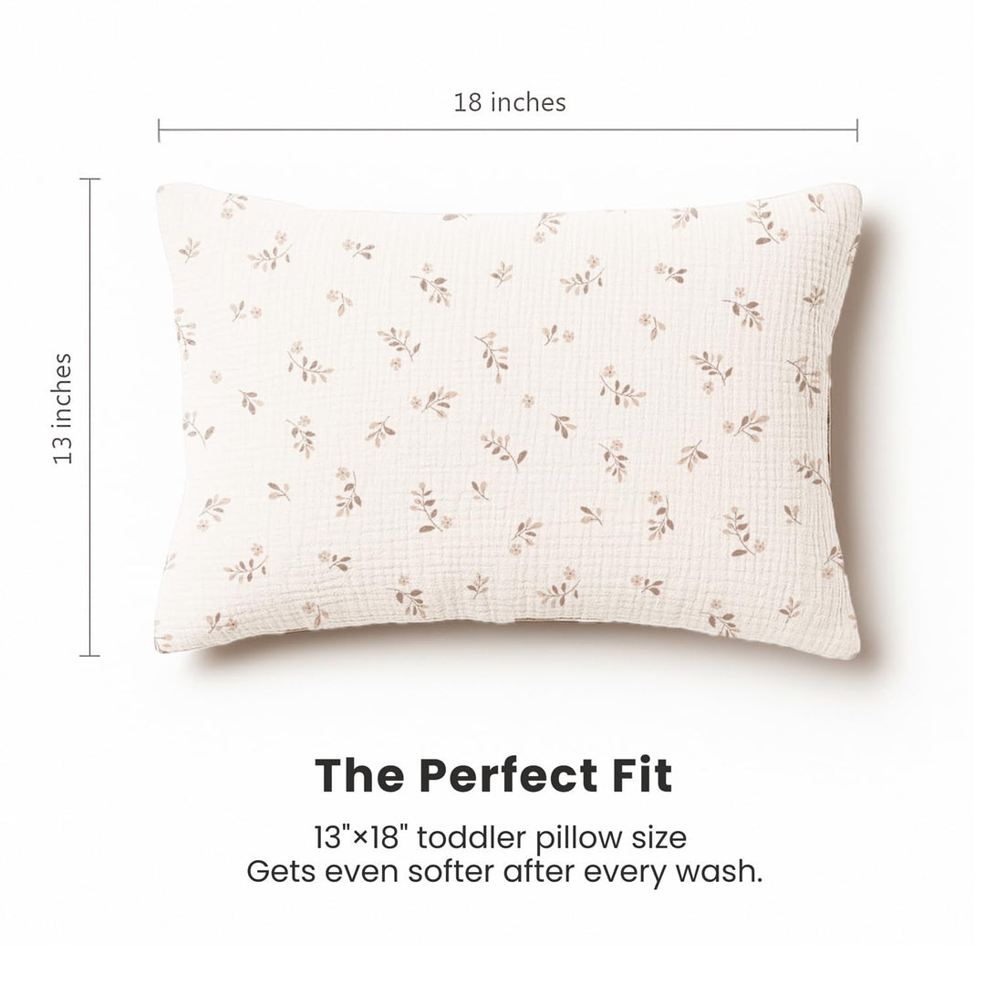 Konssy 2 Pack Muslin Toddler Pillowcases, Soft Baby Pillow Cases, 13"x18" 100% Cotton, Soft & Breathable, Envelope Closure, Floral & Solid, for Baby Boys & Girls, Naps & Travel