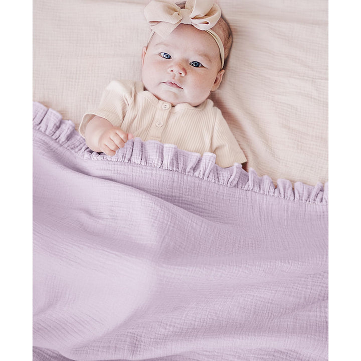 Konssy 100% Cotton Muslin Baby Blanket with Ruffle Trim for Girls, 43"x39" Reversible Design, Ultra Soft & Lightweight, for Swaddling, Crib, Stroller & Nursery Use, from Newborn to Toddler