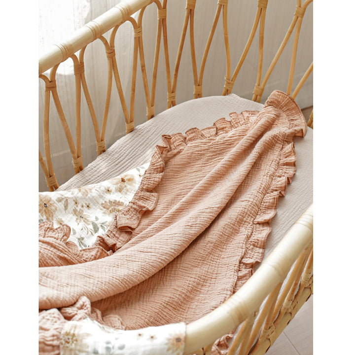 Konssy 100% Cotton Muslin Baby Blanket with Ruffle Trim for Girls, 43"x39" Reversible Design, Ultra Soft & Lightweight, for Swaddling, Crib, Stroller & Nursery Use, from Newborn to Toddler