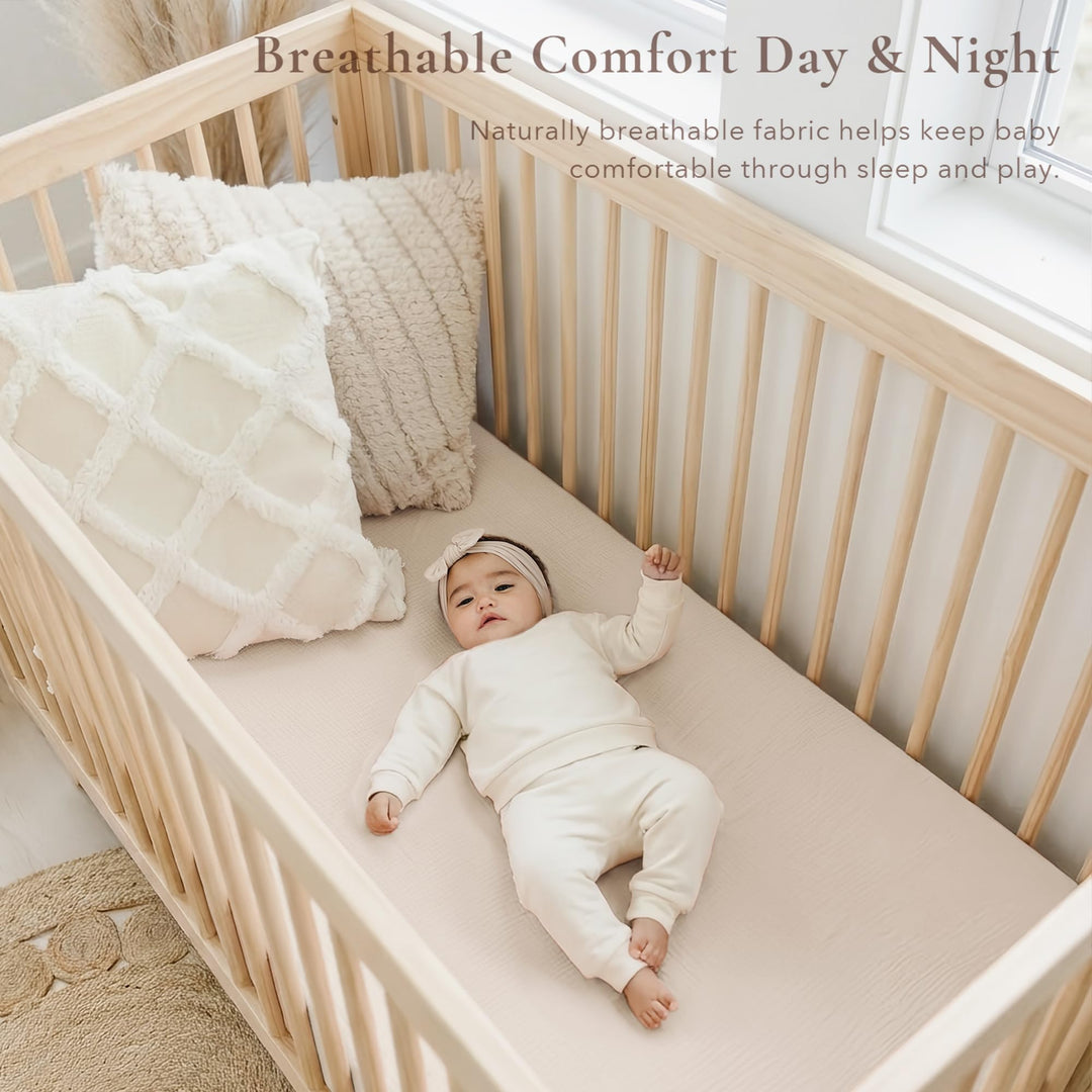 Konssy 2 Pack Muslin Crib Sheets for Standard Crib Mattress, 52" x 28" 100% Cotton, Soft & Breathable, 360° Elastic Snug Fit, Solid & Printed Designs for Baby Girls & Boys