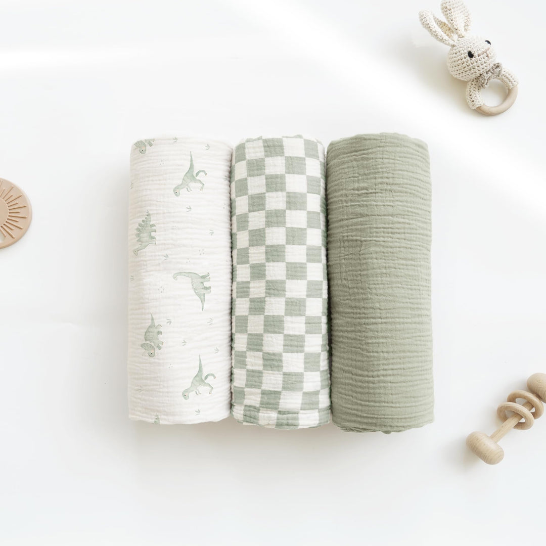 Konssy 3-Pack Muslin Baby Swaddle Blankets, 47 x 47 in Receiving Blankets Large Size, 100% Cotton, Ultra Soft & Breathable, Multi-Use Swaddles for Boys & Girls, from Newborn to Toddler