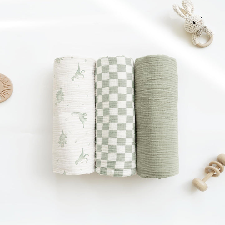 Konssy 3-Pack Muslin Baby Swaddle Blankets, 47 x 47 in Receiving Blankets Large Size, 100% Cotton, Ultra Soft & Breathable, Multi-Use Swaddles for Boys & Girls, from Newborn to Toddler