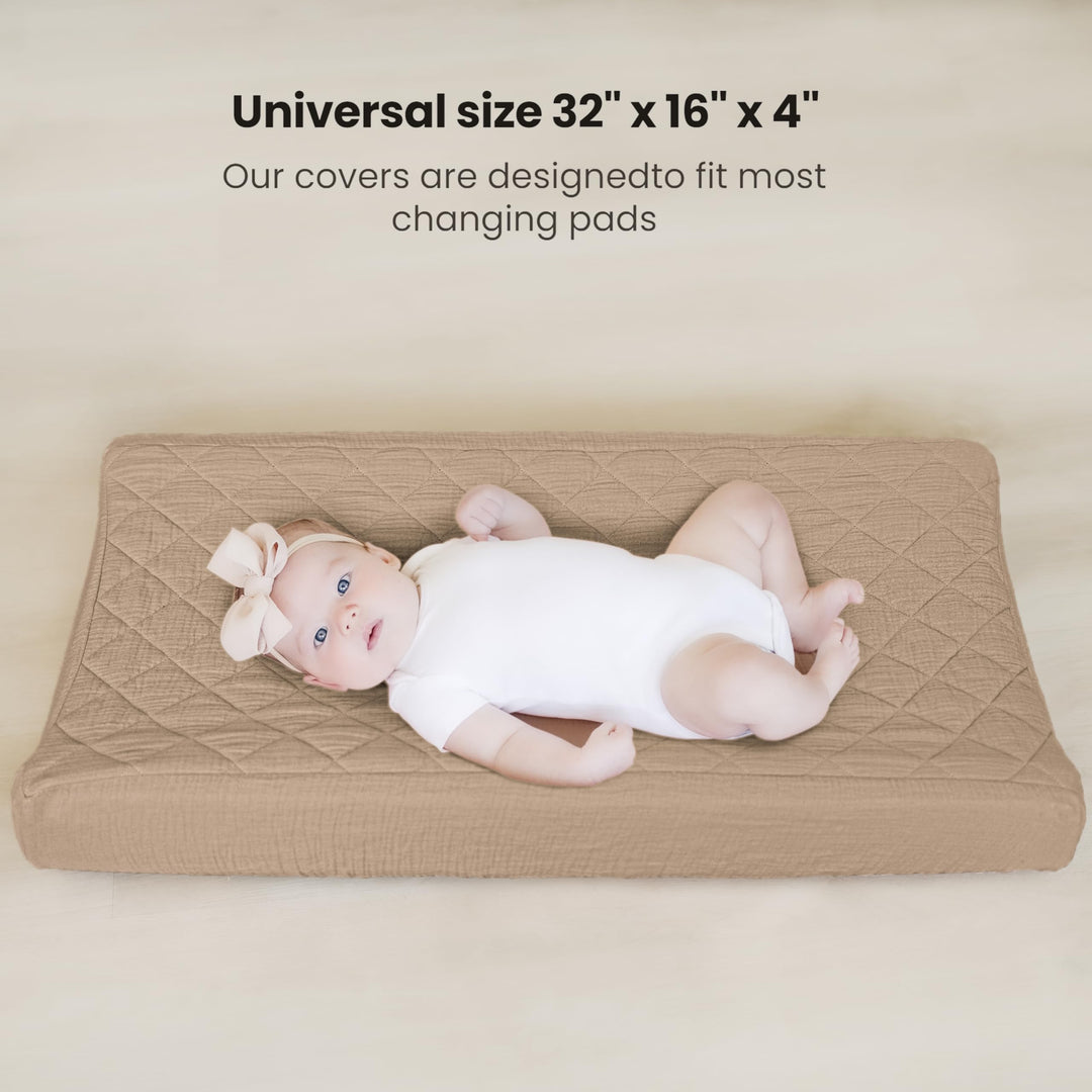 Konssy 2 Pack Quilted Muslin Changing Pad Cover, Waterproof Layer, 32"x16" 100% Cotton Surface, Absorbent & Soft, Fitted Changing Table Sheets, Full Elastic Fit, for Baby Girls & Boys