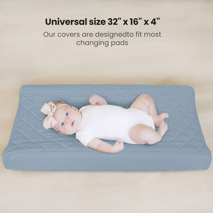 Konssy 2 Pack Quilted Muslin Changing Pad Cover, Waterproof Layer, 32"x16" 100% Cotton Surface, Absorbent & Soft, Fitted Changing Table Sheets, Full Elastic Fit, for Baby Girls & Boys