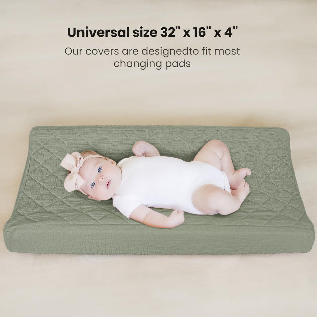 Konssy 2 Pack Quilted Muslin Changing Pad Cover, Waterproof Layer, 32"x16" 100% Cotton Surface, Absorbent & Soft, Fitted Changing Table Sheets, Full Elastic Fit, for Baby Girls & Boys