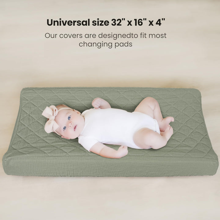 Konssy 2 Pack Quilted Muslin Changing Pad Cover, Waterproof Layer, 32"x16" 100% Cotton Surface, Absorbent & Soft, Fitted Changing Table Sheets, Full Elastic Fit, for Baby Girls & Boys