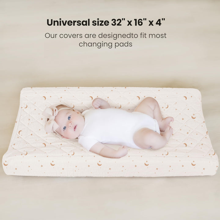 Konssy 2 Pack Quilted Muslin Changing Pad Cover, Waterproof Layer, 32"x16" 100% Cotton Surface, Absorbent & Soft, Fitted Changing Table Sheets, Full Elastic Fit, for Baby Girls & Boys