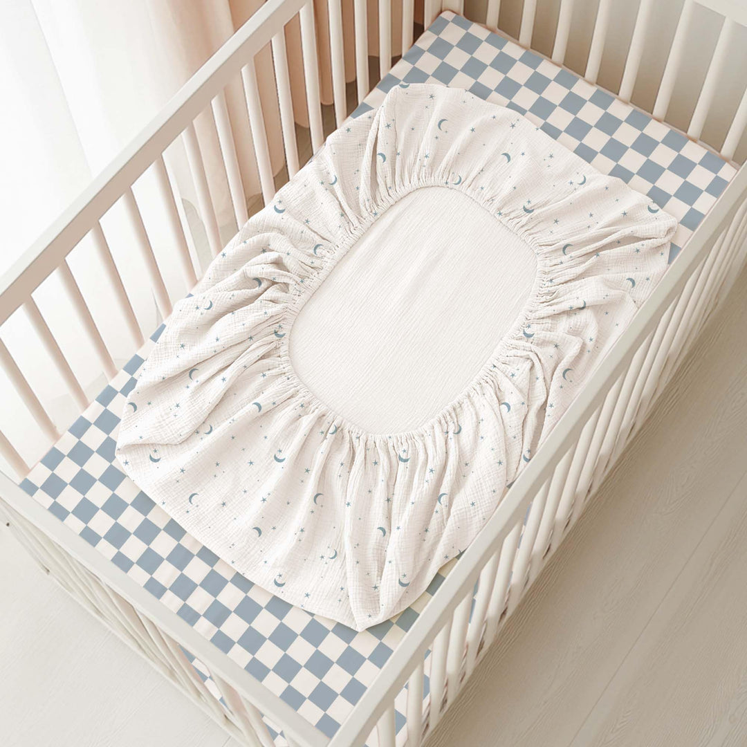 Konssy 2 Pack Muslin Crib Sheets for Baby Boys & Girls, 52" x 28" Fits Standard Crib Mattress, Premium 100% Cotton, Soft & Breathable, Neutral Design, 360° Full Elastic Fit
