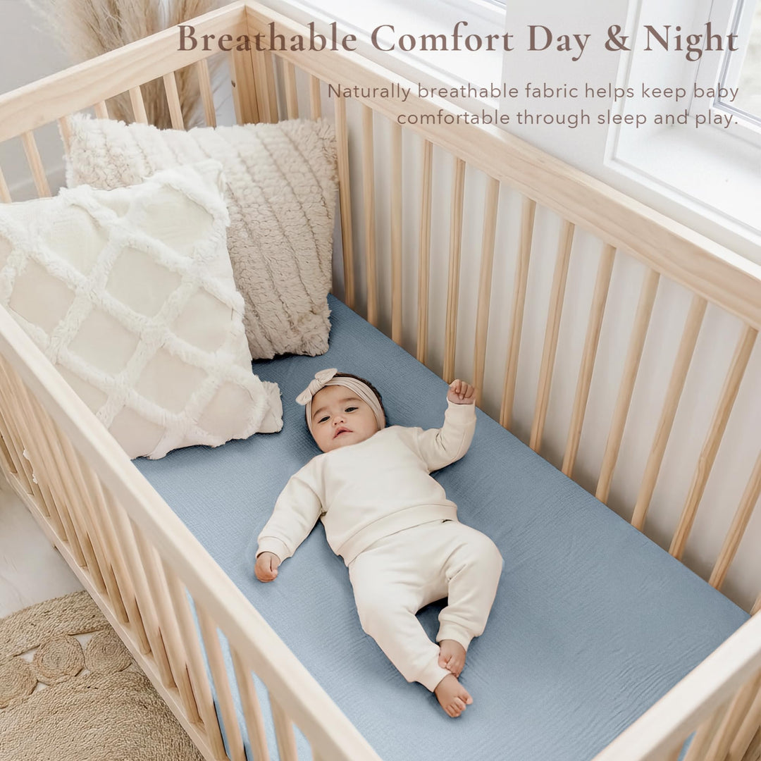 Konssy 2 Pack Muslin Crib Sheets for Standard Crib Mattress, 52" x 28" 100% Cotton, Soft & Breathable, 360° Elastic Snug Fit, Solid & Printed Designs for Baby Girls & Boys