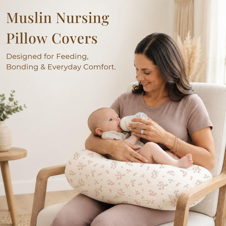 Konssy 2-Pack Muslin Nursing Pillow Covers, Floral Soft Slipcover for Baby Covers Only, 100% Cotton, Hidden Zipper, Washable, Breastfeeding Pillows Covers for Newborn Boys & Girls