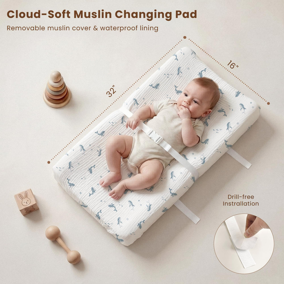 Konssy Baby Changing Pad Set with Waterproof Lining & 2 Pack Muslin Covers Soft Foam Support, Contoured Sides, Non-Slip Base & Safety Belt, Diaper Changing Pad for Dresser, 32" x 16"
