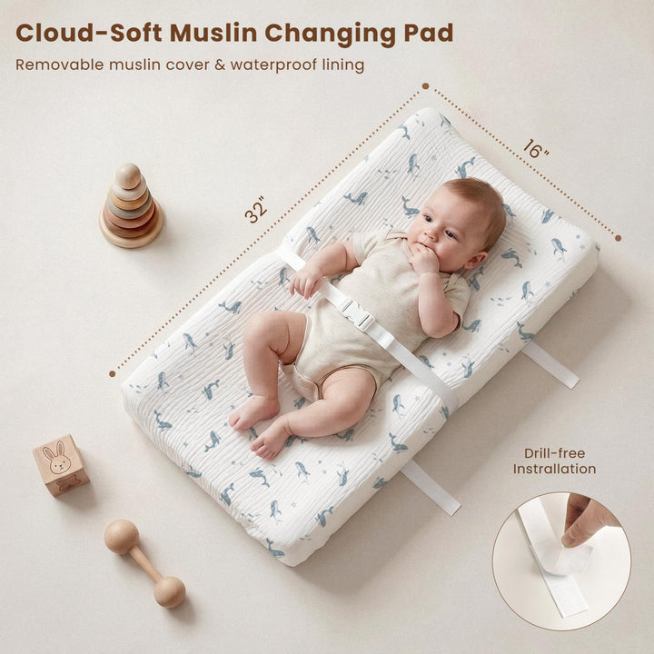 Konssy Baby Changing Pad Set with Waterproof Lining & 2 Pack Muslin Covers Soft Foam Support, Contoured Sides, Non-Slip Base & Safety Belt, Diaper Changing Pad for Dresser, 32" x 16"