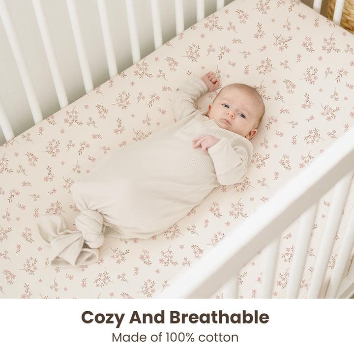Konssy 2 Pack Muslin Crib Sheets for Baby Boys & Girls, 52" x 28" Fits Standard Crib Mattress, Premium 100% Cotton, Soft & Breathable, Neutral Design, 360° Full Elastic Fit
