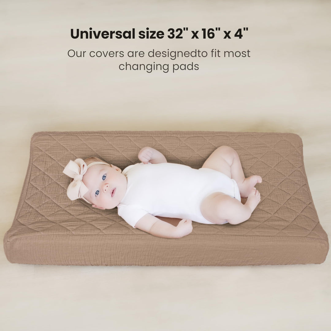 Konssy 2 Pack Quilted Muslin Changing Pad Cover, Waterproof Layer, 32"x16" 100% Cotton Surface, Absorbent & Soft, Fitted Changing Table Sheets, Full Elastic Fit, for Baby Girls & Boys