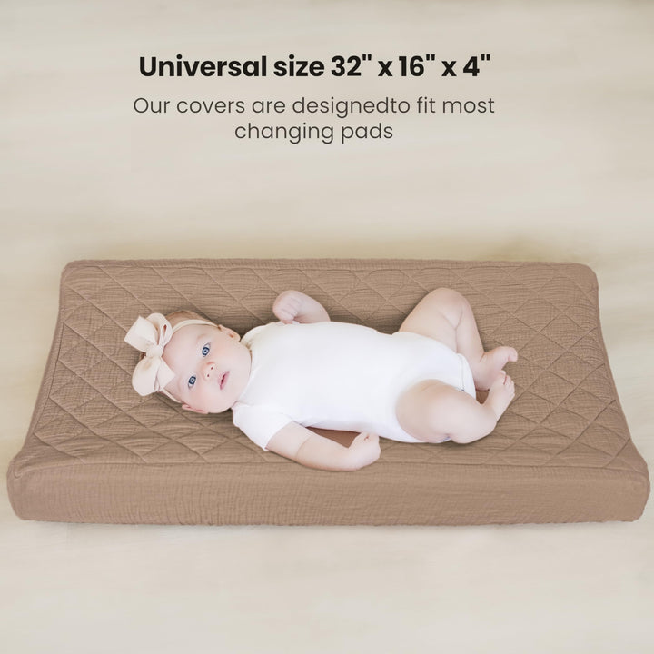 Konssy 2 Pack Quilted Muslin Changing Pad Cover, Waterproof Layer, 32"x16" 100% Cotton Surface, Absorbent & Soft, Fitted Changing Table Sheets, Full Elastic Fit, for Baby Girls & Boys