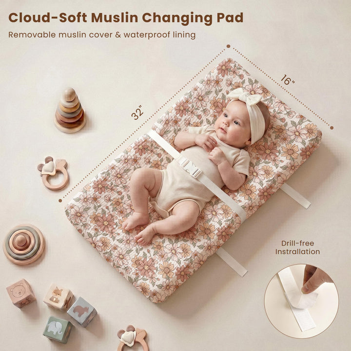 Konssy Baby Changing Pad Set with Waterproof Lining & 2 Pack Muslin Covers Soft Foam Support, Contoured Sides, Non-Slip Base & Safety Belt, Diaper Changing Pad for Dresser, 32" x 16"