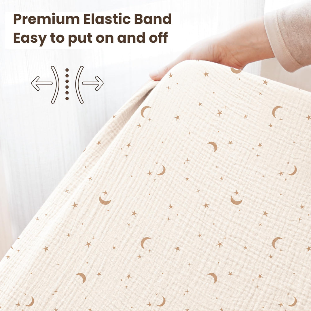 Konssy 2 Pack Muslin Crib Sheets for Baby Boys & Girls, 52" x 28" Fits Standard Crib Mattress, Premium 100% Cotton, Soft & Breathable, Neutral Design, 360° Full Elastic Fit