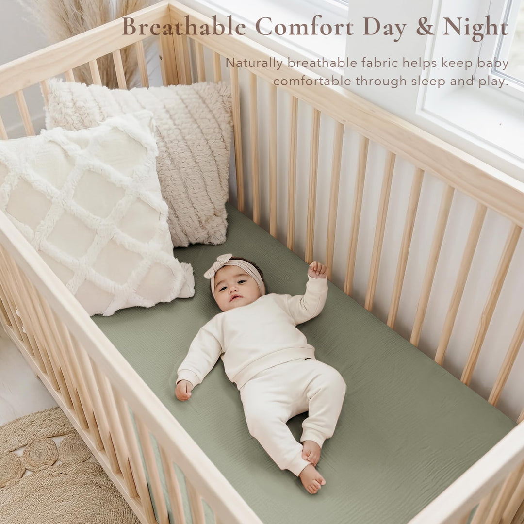 Konssy 2 Pack Muslin Crib Sheets for Standard Crib Mattress, 52" x 28" 100% Cotton, Soft & Breathable, 360° Elastic Snug Fit, Solid & Printed Designs for Baby Girls & Boys