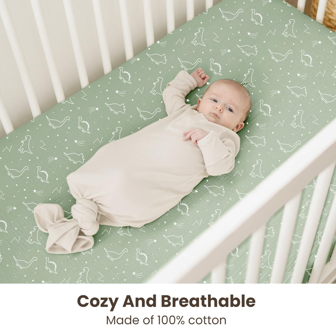 Konssy 2 Pack Muslin Crib Sheets for Baby Boys & Girls, 52" x 28" Fits Standard Crib Mattress, Premium 100% Cotton, Soft & Breathable, Neutral Design, 360° Full Elastic Fit