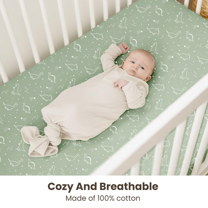 Konssy 2 Pack Muslin Crib Sheets for Baby Boys & Girls, 52" x 28" Fits Standard Crib Mattress, Premium 100% Cotton, Soft & Breathable, Neutral Design, 360° Full Elastic Fit