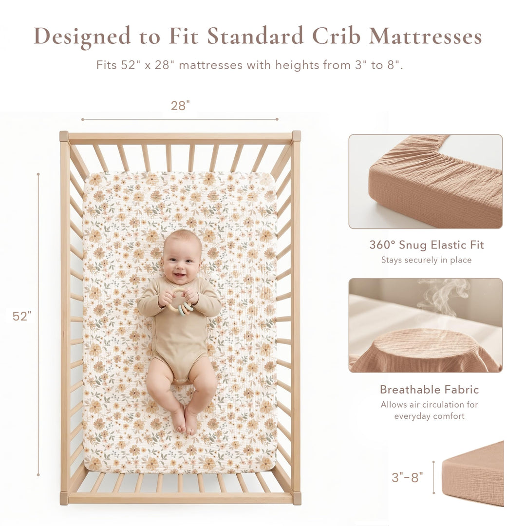 Konssy 2 Pack Muslin Crib Sheets for Standard Crib Mattress, 52" x 28" 100% Cotton, Soft & Breathable, 360° Elastic Snug Fit, Solid & Printed Designs for Baby Girls & Boys