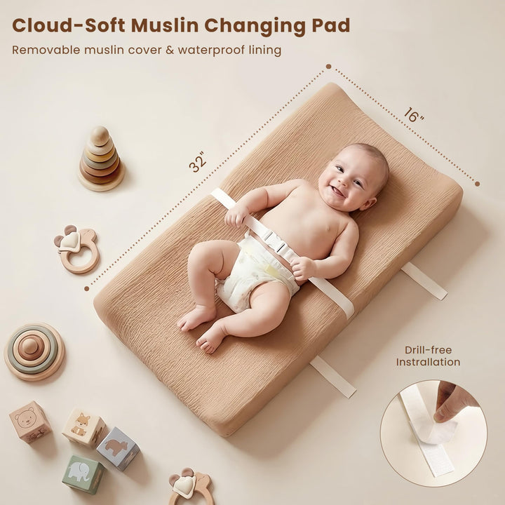 Konssy Baby Changing Pad Set with Waterproof Lining & 2 Pack Muslin Covers Soft Foam Support, Contoured Sides, Non-Slip Base & Safety Belt, Diaper Changing Pad for Dresser, 32" x 16"