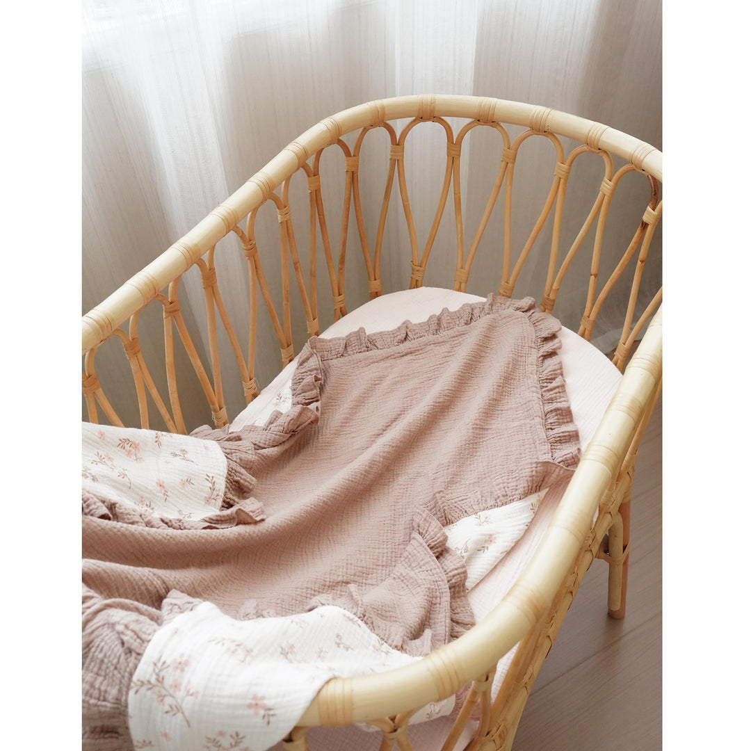 Konssy 100% Cotton Muslin Baby Blanket with Ruffle Trim for Girls, 43"x39" Reversible Design, Ultra Soft & Lightweight, for Swaddling, Crib, Stroller & Nursery Use, from Newborn to Toddler