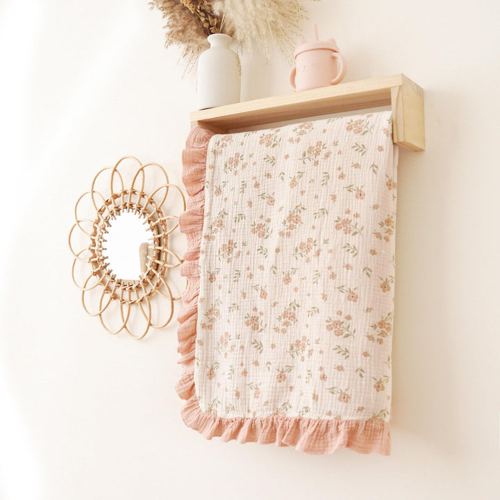 Konssy 100% Cotton Muslin Baby Blanket with Ruffle Trim for Girls, 43"x39" Reversible Design, Ultra Soft & Lightweight, for Swaddling, Crib, Stroller & Nursery Use, from Newborn to Toddler