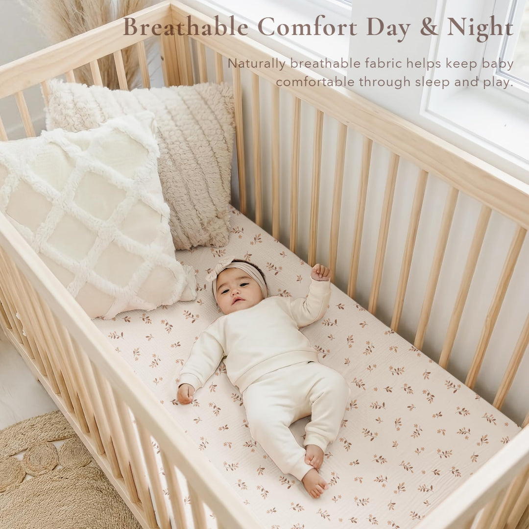 Konssy 2 Pack Muslin Crib Sheets for Standard Crib Mattress, 52" x 28" 100% Cotton, Soft & Breathable, 360° Elastic Snug Fit, Solid & Printed Designs for Baby Girls & Boys