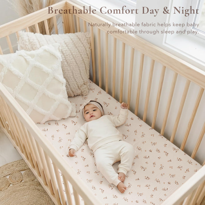 Konssy 2 Pack Muslin Crib Sheets for Standard Crib Mattress, 52" x 28" 100% Cotton, Soft & Breathable, 360° Elastic Snug Fit, Solid & Printed Designs for Baby Girls & Boys