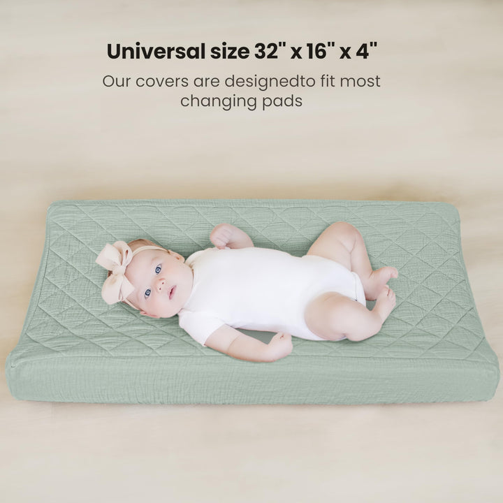 Konssy 2 Pack Quilted Muslin Changing Pad Cover, Waterproof Layer, 32"x16" 100% Cotton Surface, Absorbent & Soft, Fitted Changing Table Sheets, Full Elastic Fit, for Baby Girls & Boys