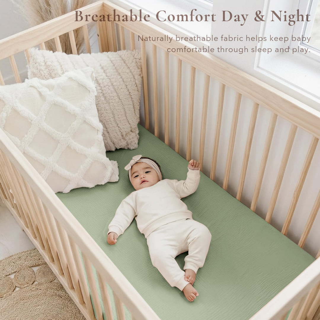 Konssy 2 Pack Muslin Crib Sheets for Standard Crib Mattress, 52" x 28" 100% Cotton, Soft & Breathable, 360° Elastic Snug Fit, Solid & Printed Designs for Baby Girls & Boys