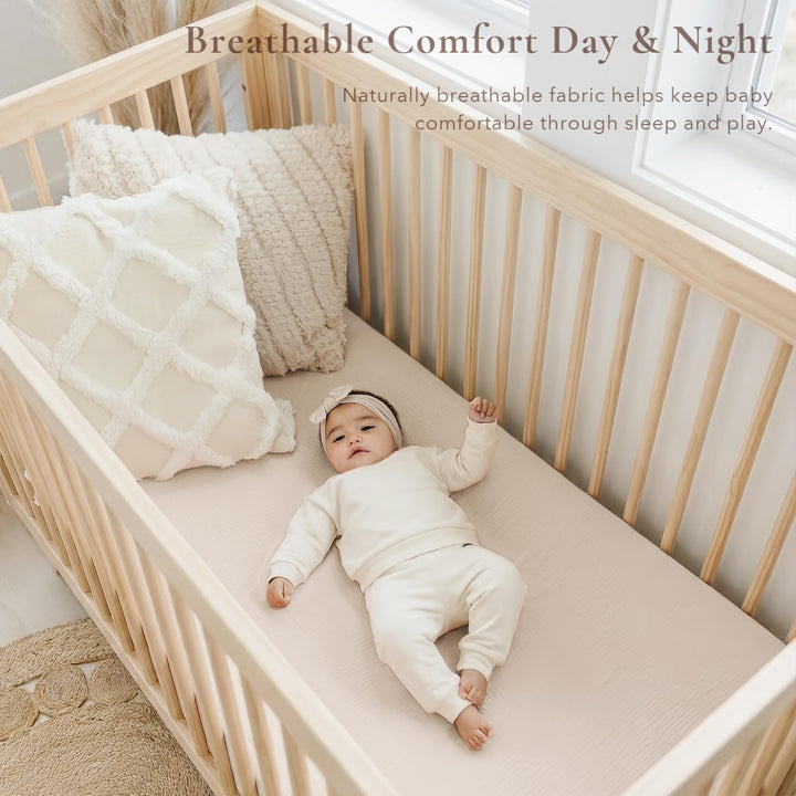 Konssy 2 Pack Muslin Crib Sheets for Standard Crib Mattress, 52" x 28" 100% Cotton, Soft & Breathable, 360° Elastic Snug Fit, Solid & Printed Designs for Baby Girls & Boys
