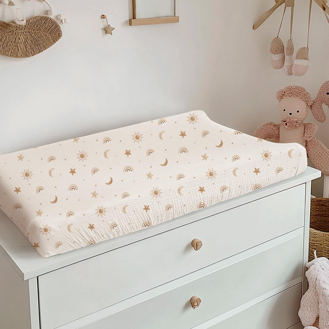 Konssy 100% Cotton Muslin Changing Pad Cover 2 Pack, 32"x16" Standard Fit Ultra Soft & Breathable, Diaper Changing Table Sheets, Neutral Nursery Design, for Baby Boys Girls