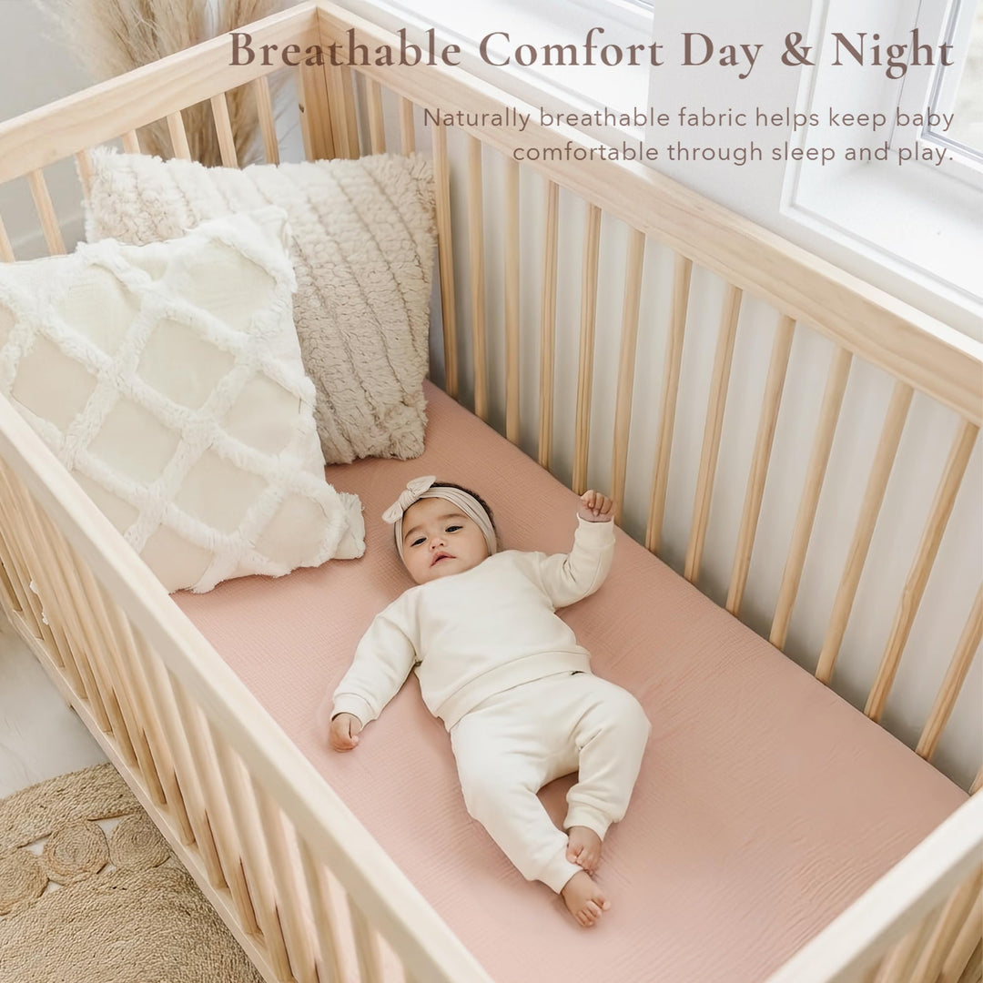 Konssy 2 Pack Muslin Crib Sheets for Standard Crib Mattress, 52" x 28" 100% Cotton, Soft & Breathable, 360° Elastic Snug Fit, Solid & Printed Designs for Baby Girls & Boys