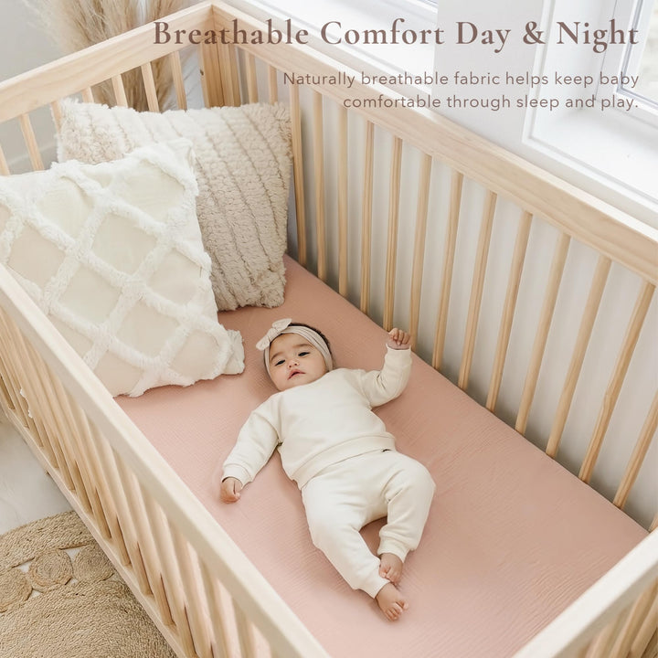 Konssy 2 Pack Muslin Crib Sheets for Standard Crib Mattress, 52" x 28" 100% Cotton, Soft & Breathable, 360° Elastic Snug Fit, Solid & Printed Designs for Baby Girls & Boys