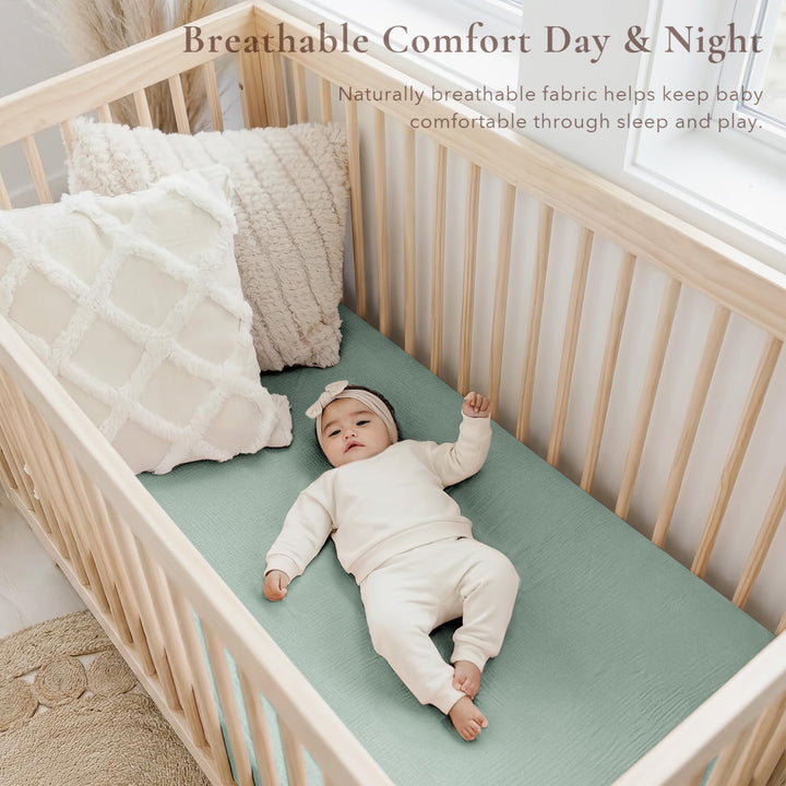 Konssy 2 Pack Muslin Crib Sheets for Standard Crib Mattress, 52" x 28" 100% Cotton, Soft & Breathable, 360° Elastic Snug Fit, Solid & Printed Designs for Baby Girls & Boys