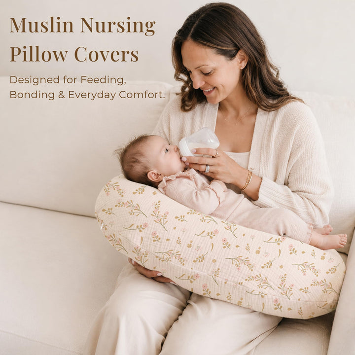 Konssy 2-Pack Muslin Nursing Pillow Covers, Floral Soft Slipcover for Baby Covers Only, 100% Cotton, Hidden Zipper, Washable, Breastfeeding Pillows Covers for Newborn Boys & Girls