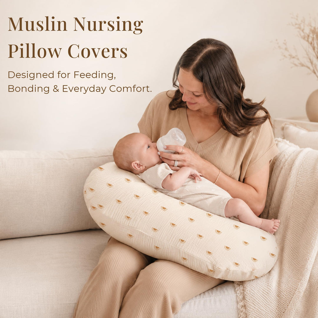 Konssy 2-Pack Muslin Nursing Pillow Covers, Floral Soft Slipcover for Baby Covers Only, 100% Cotton, Hidden Zipper, Washable, Breastfeeding Pillows Covers for Newborn Boys & Girls