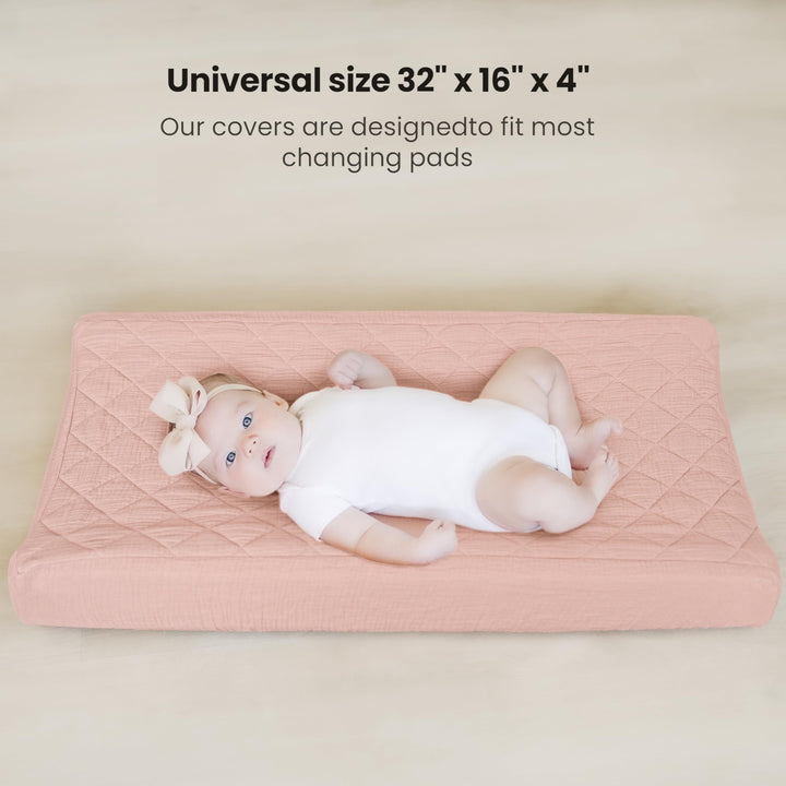 Konssy 2 Pack Quilted Muslin Changing Pad Cover, Waterproof Layer, 32"x16" 100% Cotton Surface, Absorbent & Soft, Fitted Changing Table Sheets, Full Elastic Fit, for Baby Girls & Boys