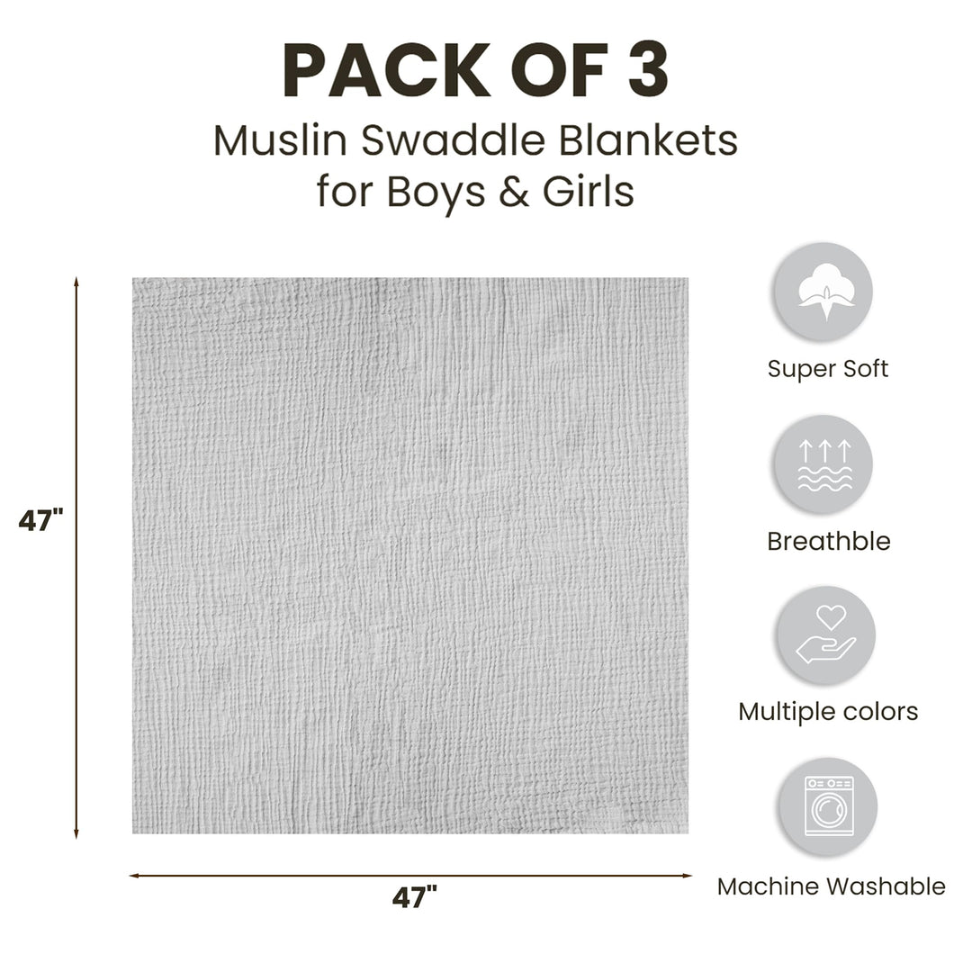 Konssy 3-Pack Muslin Baby Swaddle Blankets, 47 x 47 in Receiving Blankets Large Size, 100% Cotton, Ultra Soft & Breathable, Multi-Use Swaddles for Boys & Girls, from Newborn to Toddler