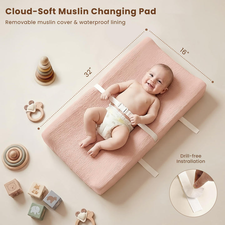 Konssy Baby Changing Pad Set with Waterproof Lining & 2 Pack Muslin Covers Soft Foam Support, Contoured Sides, Non-Slip Base & Safety Belt, Diaper Changing Pad for Dresser, 32" x 16"