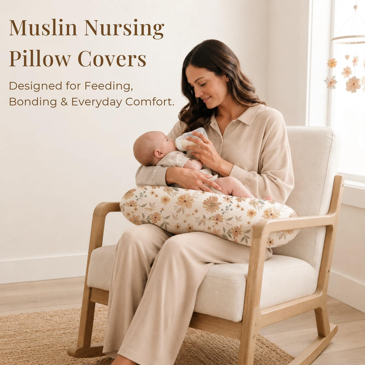 Konssy 2-Pack Muslin Nursing Pillow Covers, Floral Soft Slipcover for Baby Covers Only, 100% Cotton, Hidden Zipper, Washable, Breastfeeding Pillows Covers for Newborn Boys & Girls