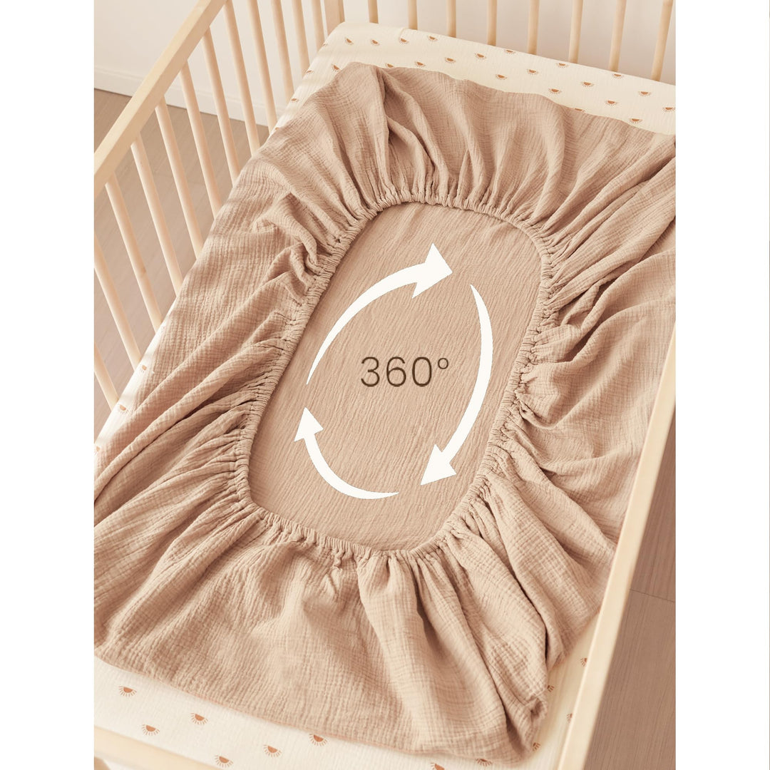Konssy 2 Pack Muslin Crib Sheets for Baby Boys & Girls, 52" x 28" Fits Standard Crib Mattress, Premium 100% Cotton, Soft & Breathable, Neutral Design, 360° Full Elastic Fit