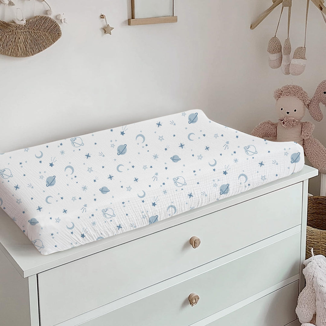 Konssy 100% Cotton Muslin Changing Pad Cover 2 Pack, 32"x16" Standard Fit Ultra Soft & Breathable, Diaper Changing Table Sheets, Neutral Nursery Design, for Baby Boys Girls
