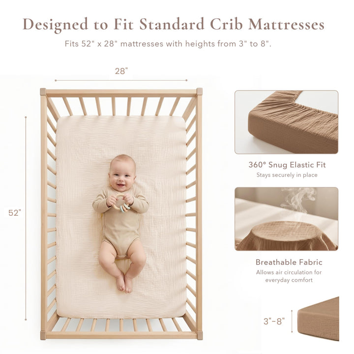Konssy 2 Pack Muslin Crib Sheets for Standard Crib Mattress, 52" x 28" 100% Cotton, Soft & Breathable, 360° Elastic Snug Fit, Solid & Printed Designs for Baby Girls & Boys