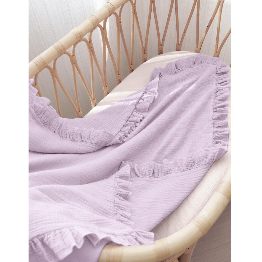 Konssy 100% Cotton Muslin Baby Blanket with Ruffle Trim for Girls, 43"x39" Reversible Design, Ultra Soft & Lightweight, for Swaddling, Crib, Stroller & Nursery Use, from Newborn to Toddler