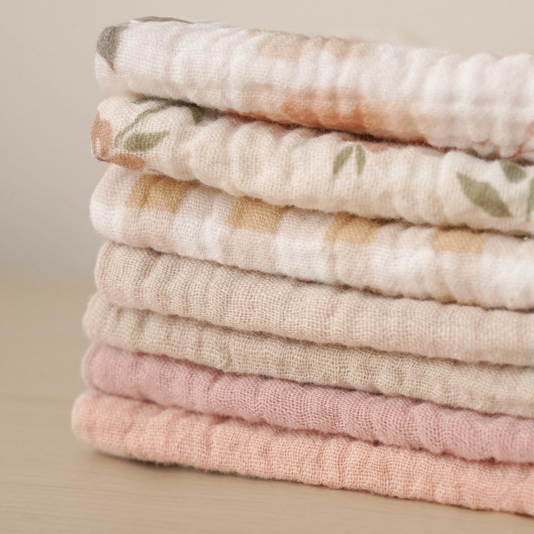 Konssy 7 Pack Muslin Baby Washcloths, Burp Cloths & Wash Cloths for Babies 11 x 11 In, 100% Cotton, Ultra-Soft & Absorbent, Machine Washable, Baby Bath Towels for Newborns, Girls & Boys