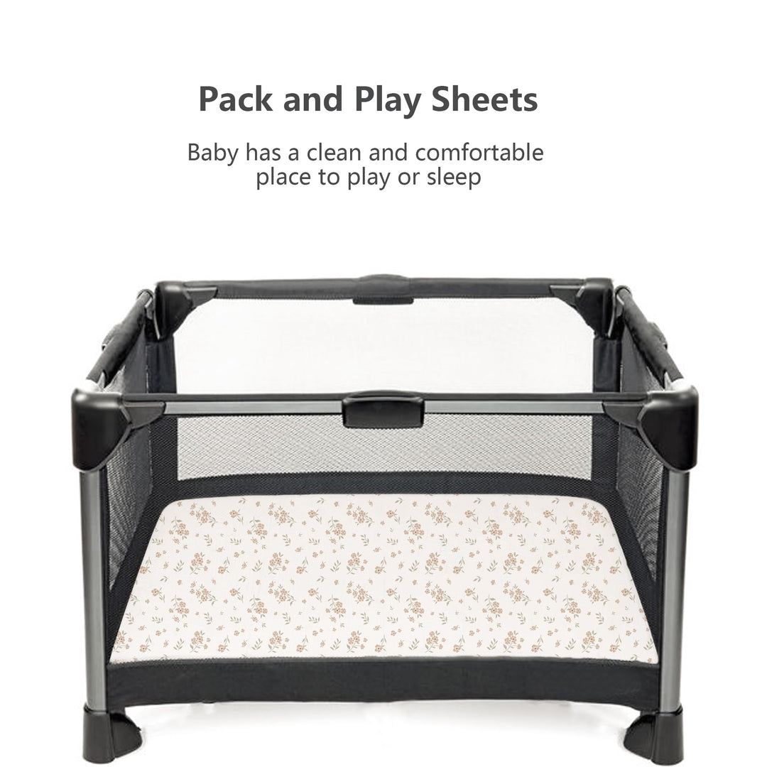 Konssy 2 Pack Muslin Mini Crib Sheets, Fits Pack and Play, 38"x24" 100% Cotton, Soft & Breathable, for Naps & Playtime, Floral & Solid Designs, Machine Washable